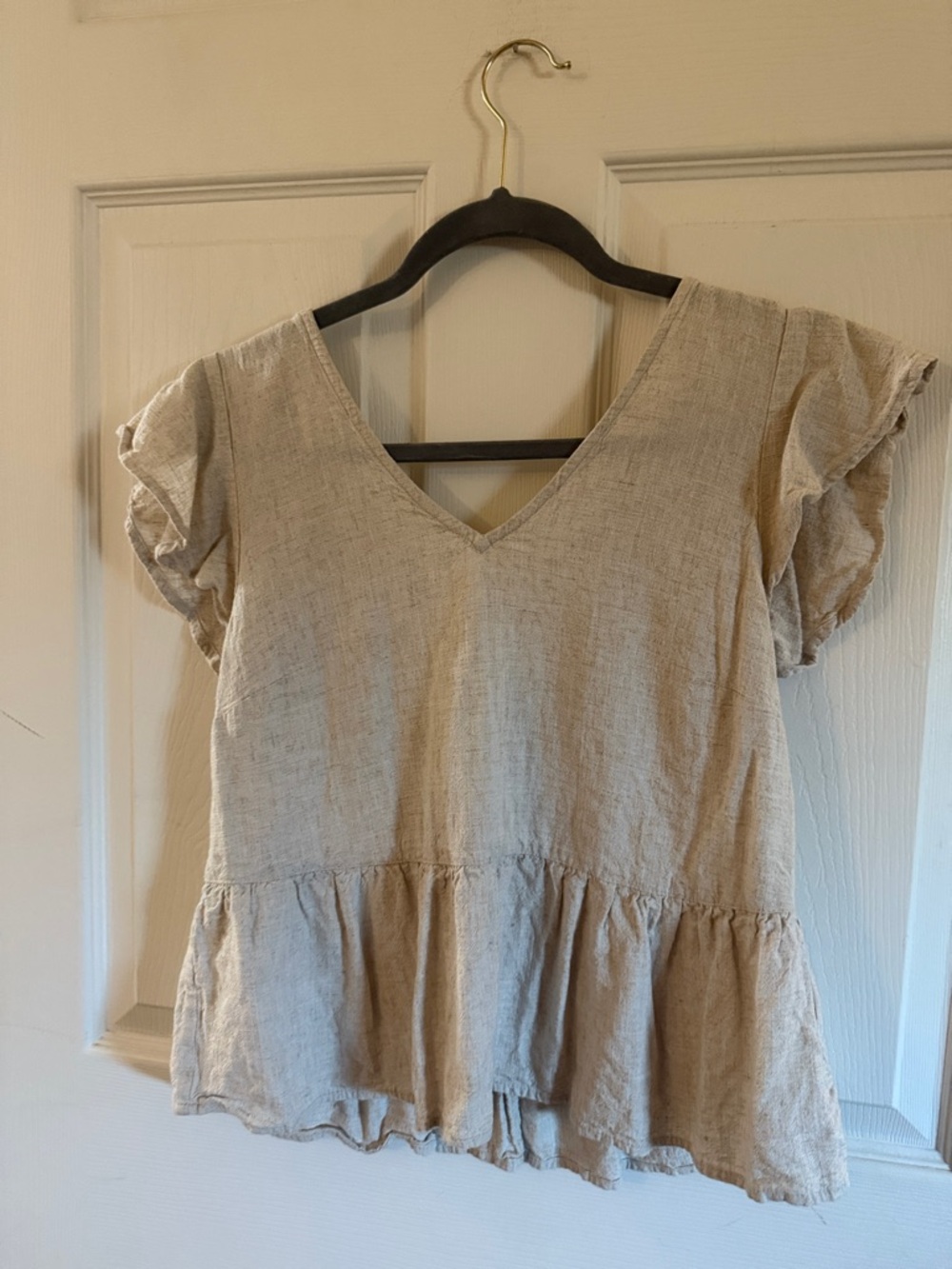 Dex Beige V-Neck Ruffle Sleeve Peplum Top